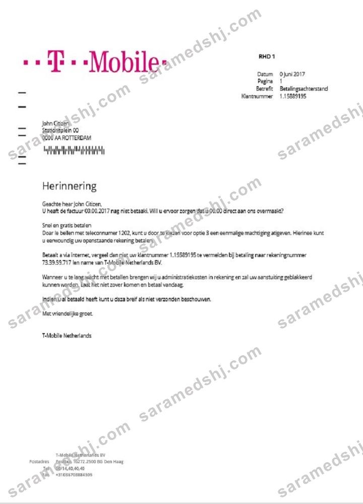 Netherlands T-Mobile utility bill template in Word and PDF format
